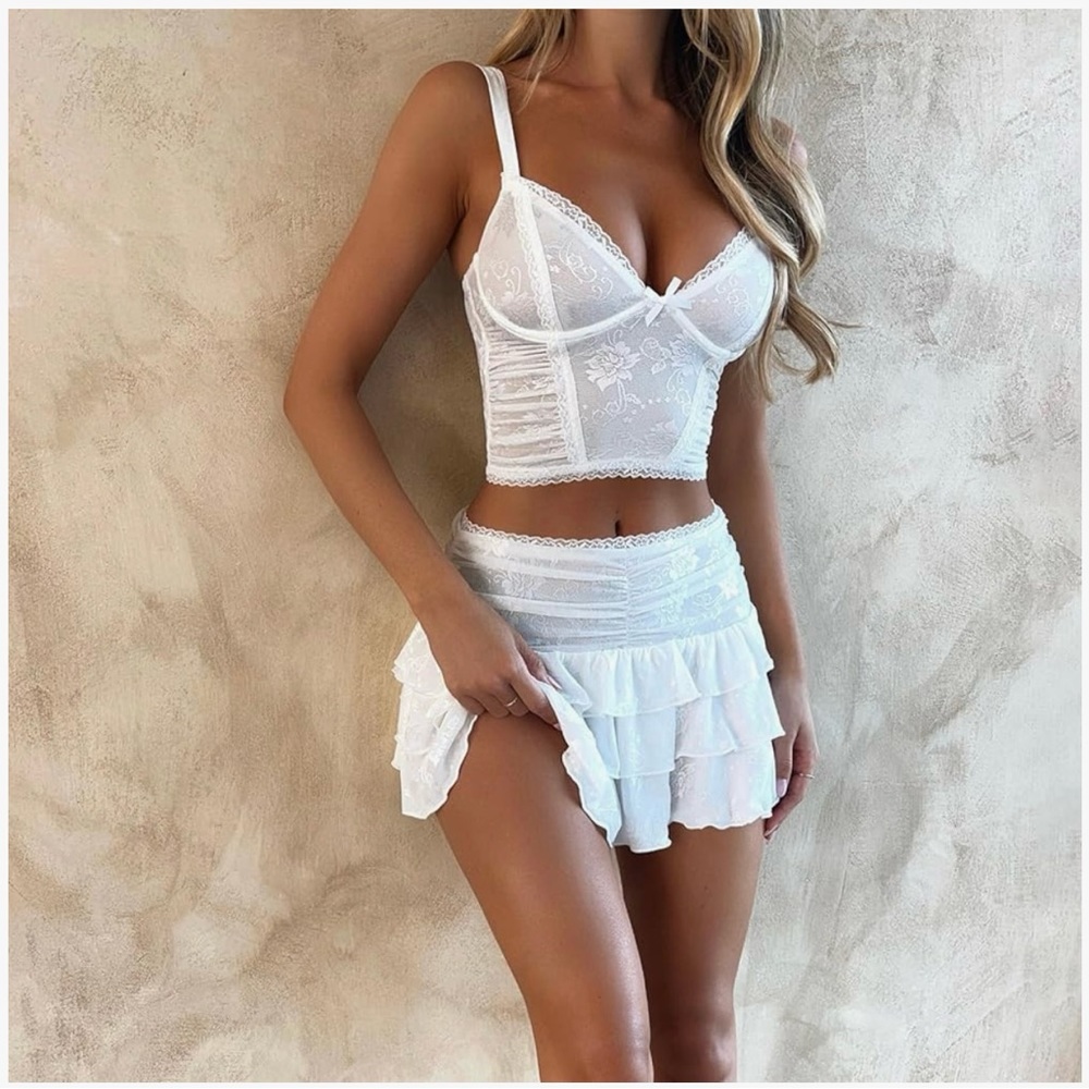 Women Y2K 2 Piece Skirt Set Sexy Lace Crop Tops Mini Skirt Fairy Going Out